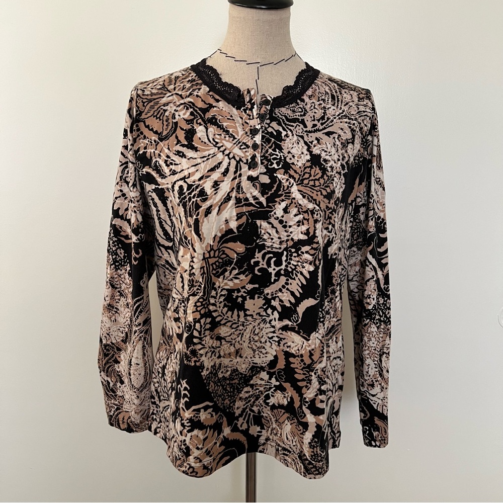 Jones New York black brown tan lace trim top